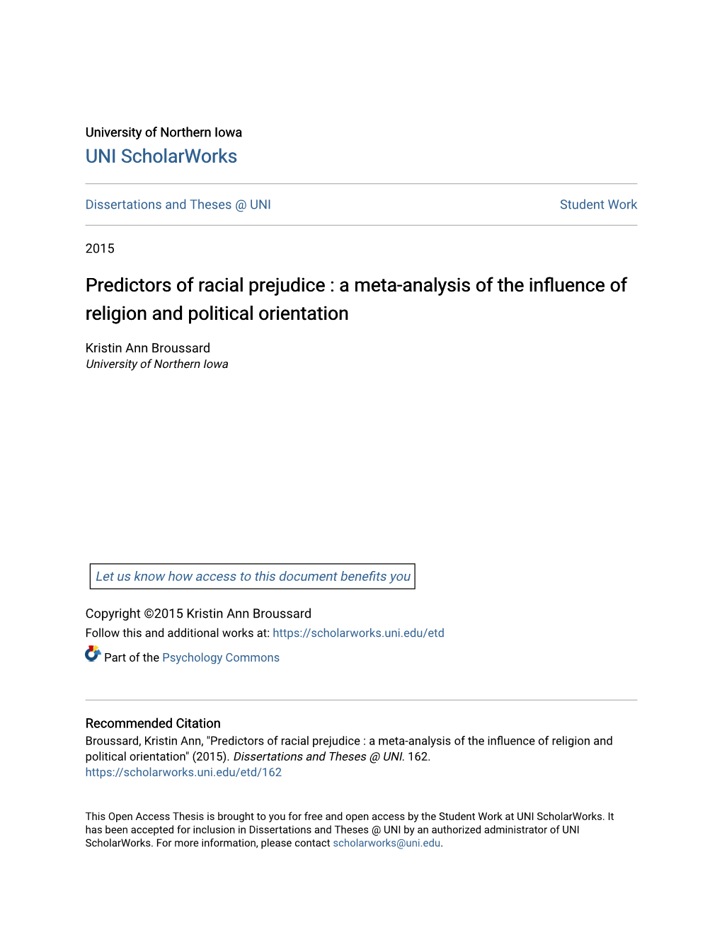 Predictors of Racial Prejudice : a Meta-Analysis of the Influence of Religion and Political Orientation