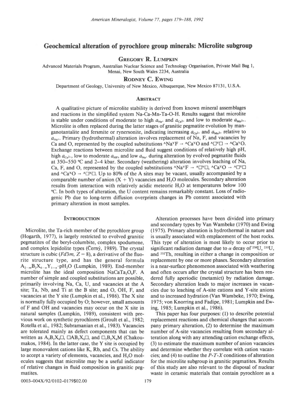 Geochemical Alteration of Pyrochlore Group Minerals: Microlite Subgroup Gnrconv R. Luurpxrn Roonev C. Ewruc Ansrru.Cr