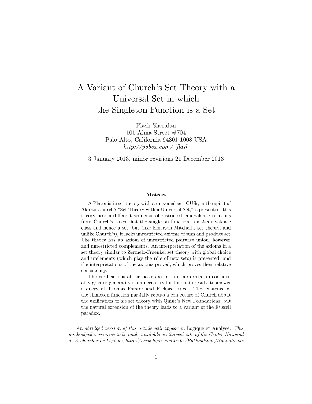 A Variant of Church's Set Theory with a Universal Set in Which The