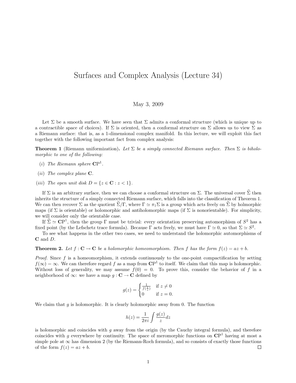 Surfaces and Complex Analysis (Lecture 34)