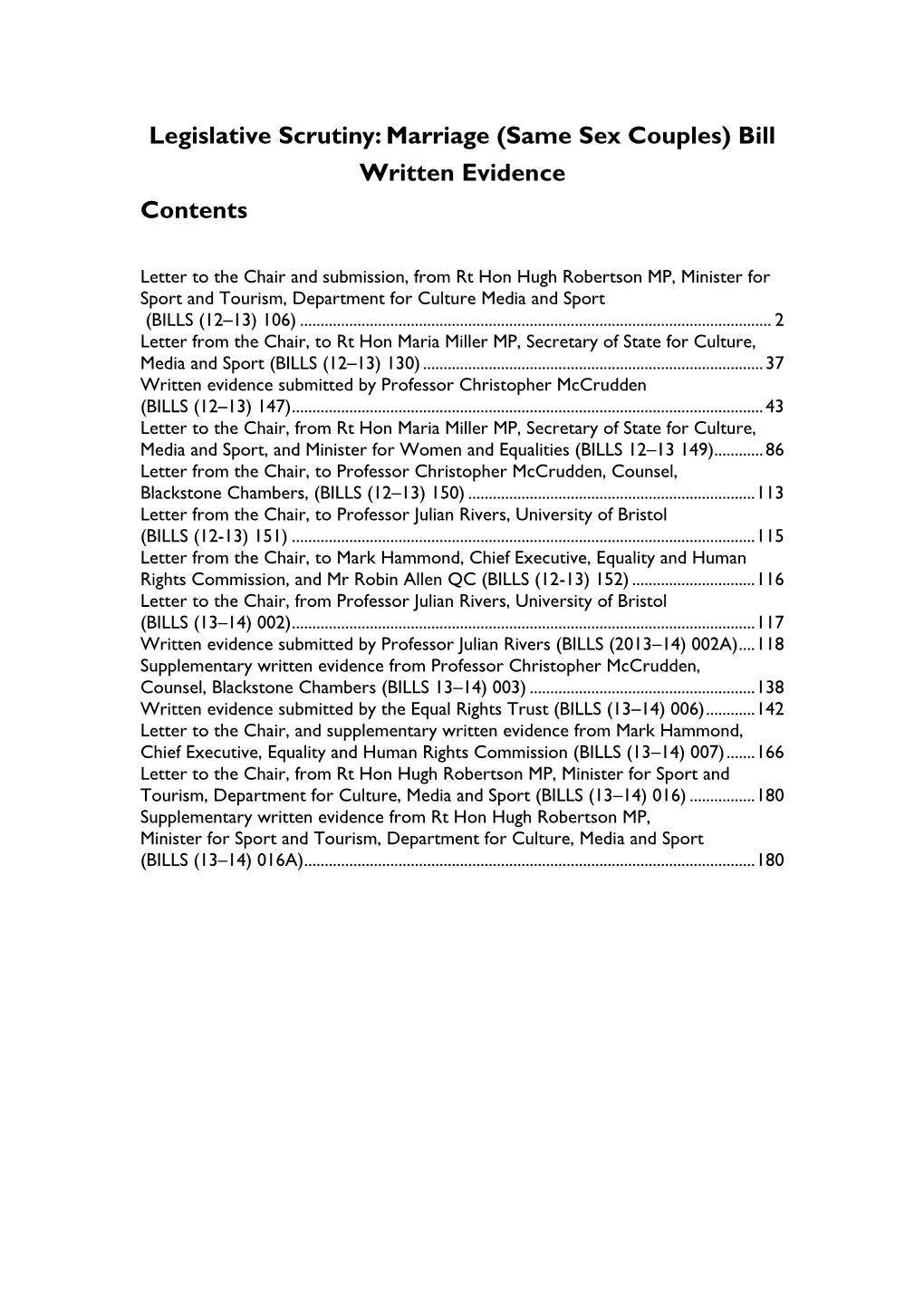 Marriage (Same Sex Couples) Bill Written Evidence Contents