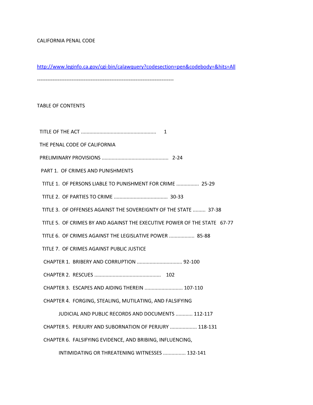 CALIFORNIA PENAL CODE Table of Contents.Docx