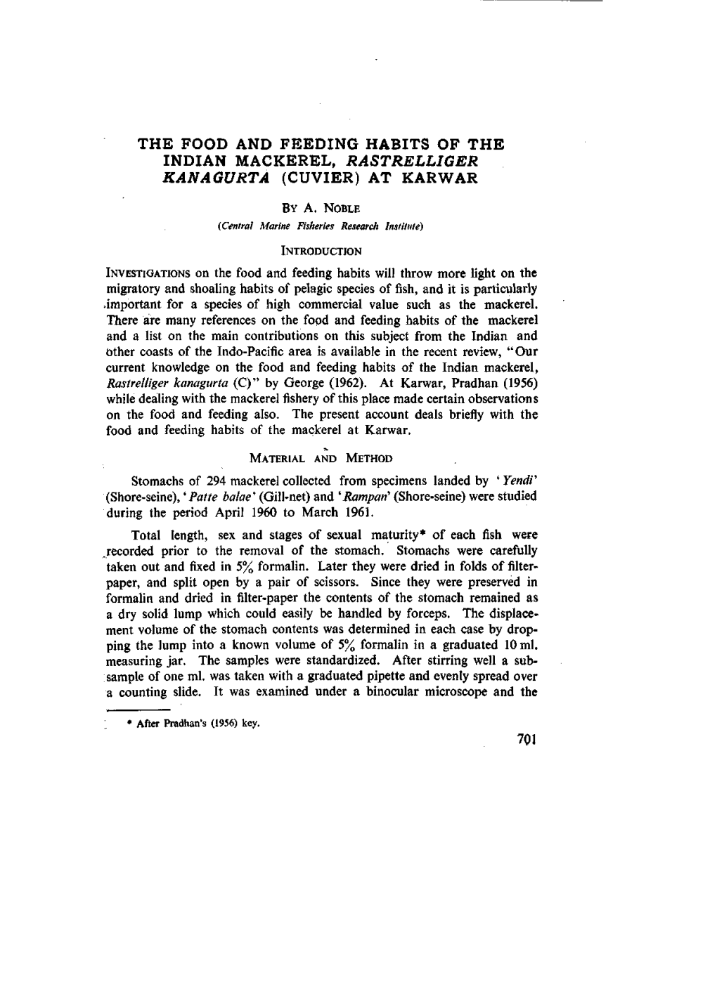 The Food and Feeding Habits of the Indian Mackerel, Rastrelliger Kanagurta (Cuvier) at Karwar