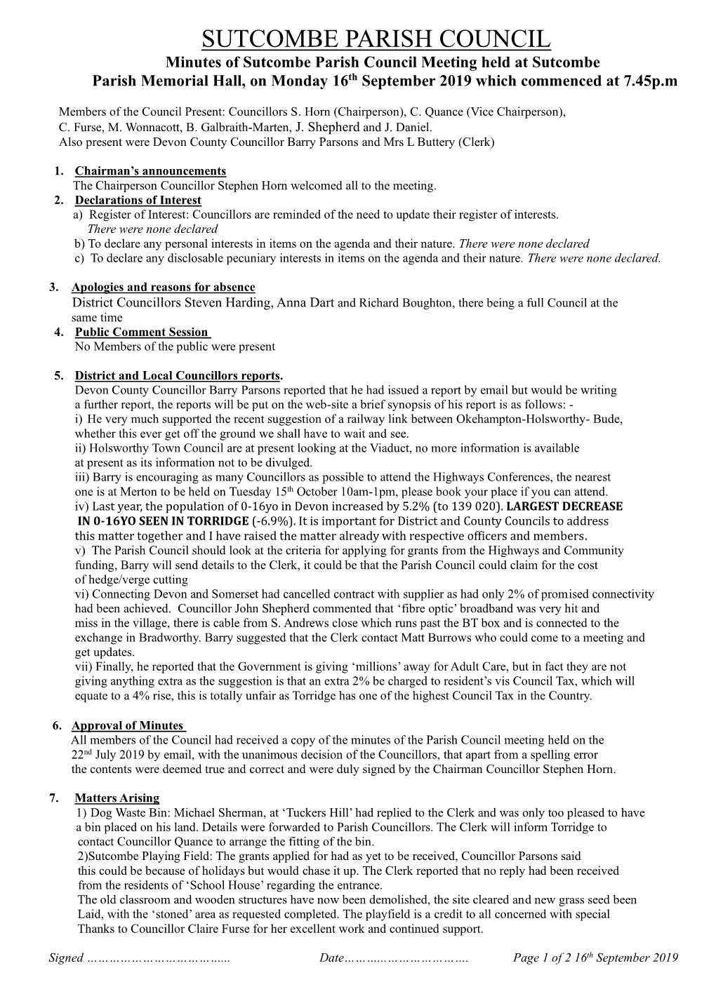 SUTCOMBE PARISH COUNCIL Minutes of Sutcombe Parish Council Meeting Held at Sutcombe Parish Memorial Hall, on Monday 16Th September 2019 Which Commenced at 7.45P.M