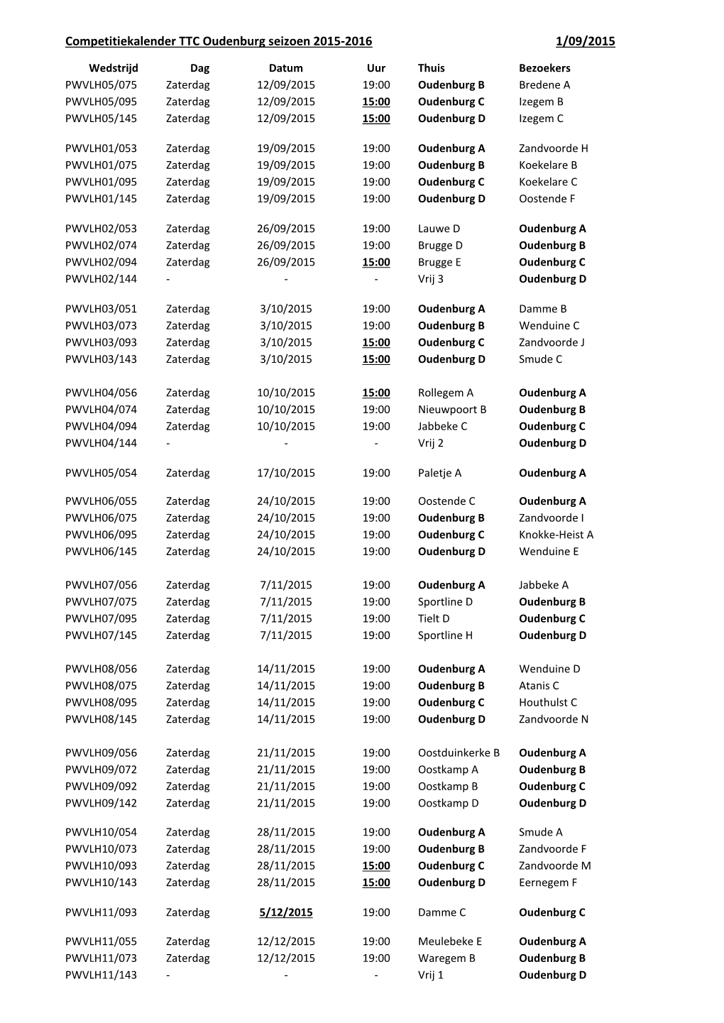 Competitiekalender TTC Oudenburg Seizoen 2015-2016 1/09/2015