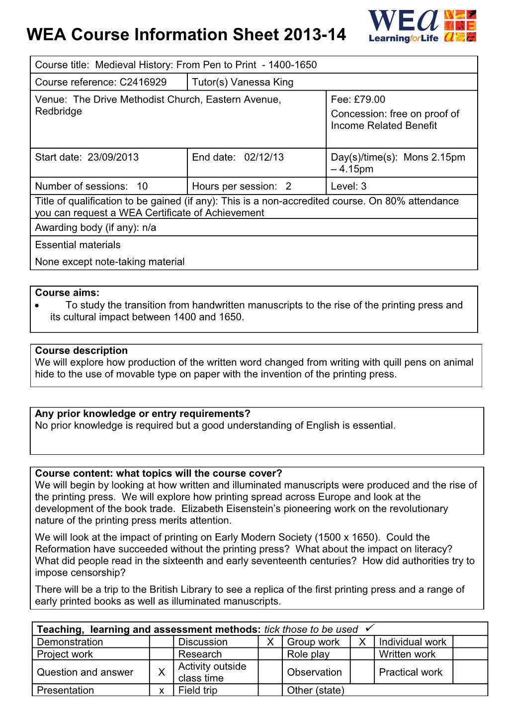 WEA Course Information Sheet 2013-14 s2