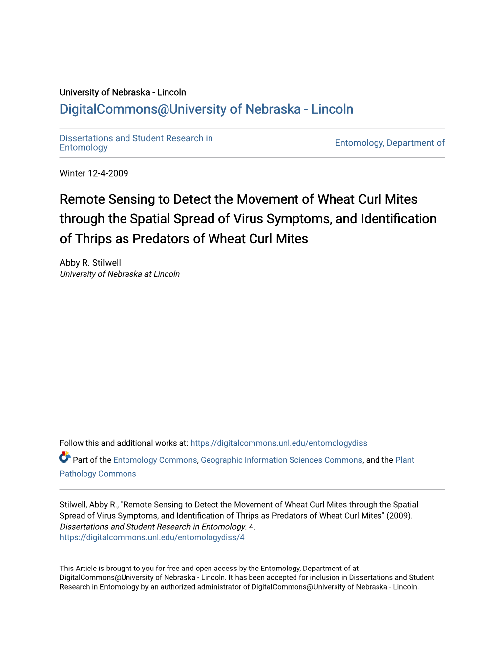 Remote Sensing to Detect the Movement of Wheat Curl Mites Through the Spatial Spread of Virus Symptoms, and Identification of Thrips As Predators of Wheat Curl Mites