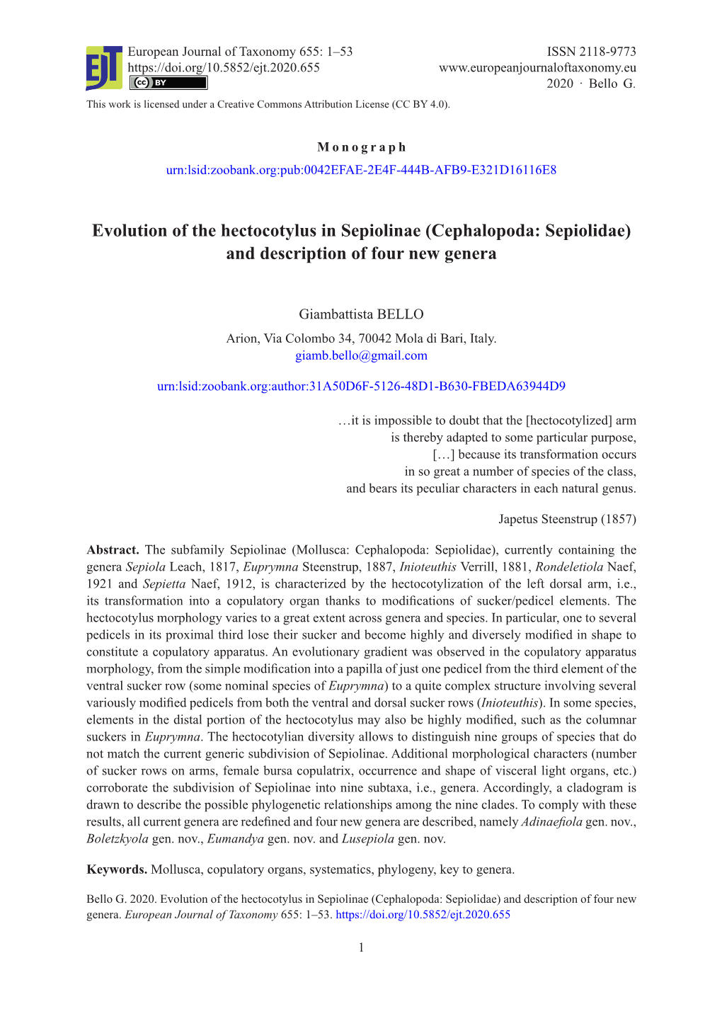 Evolution of the Hectocotylus in Sepiolinae (Cephalopoda: Sepiolidae) and Description of Four New Genera