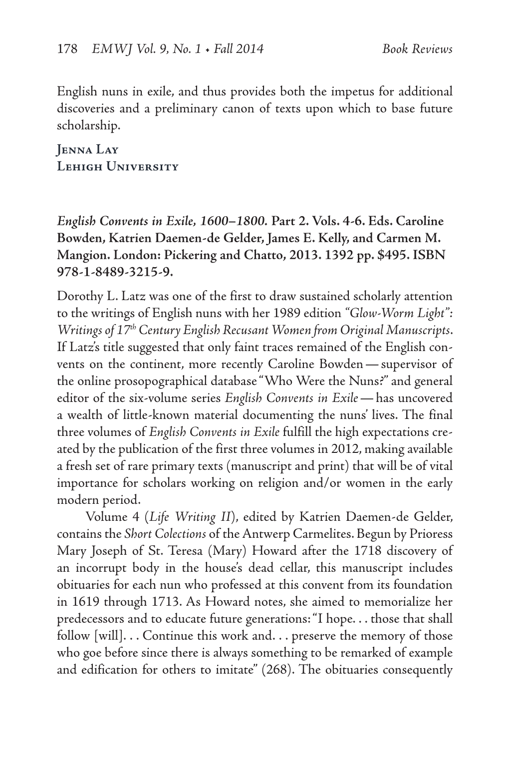 178 EMWJ Vol. 9, No. 1 • Fall 2014 Book Reviews English Nuns In