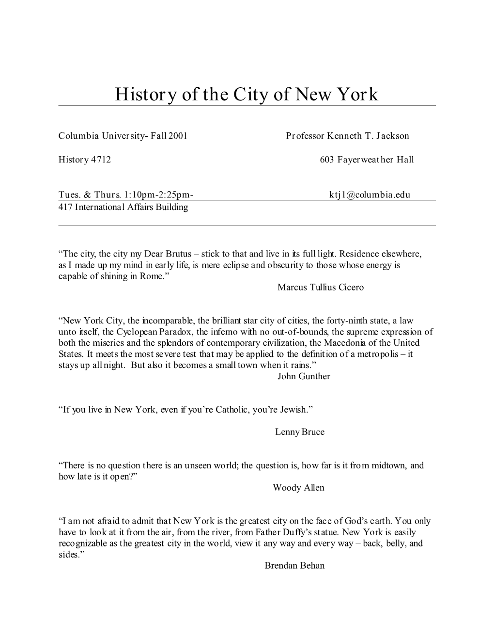 History of the City of New York Syllabus