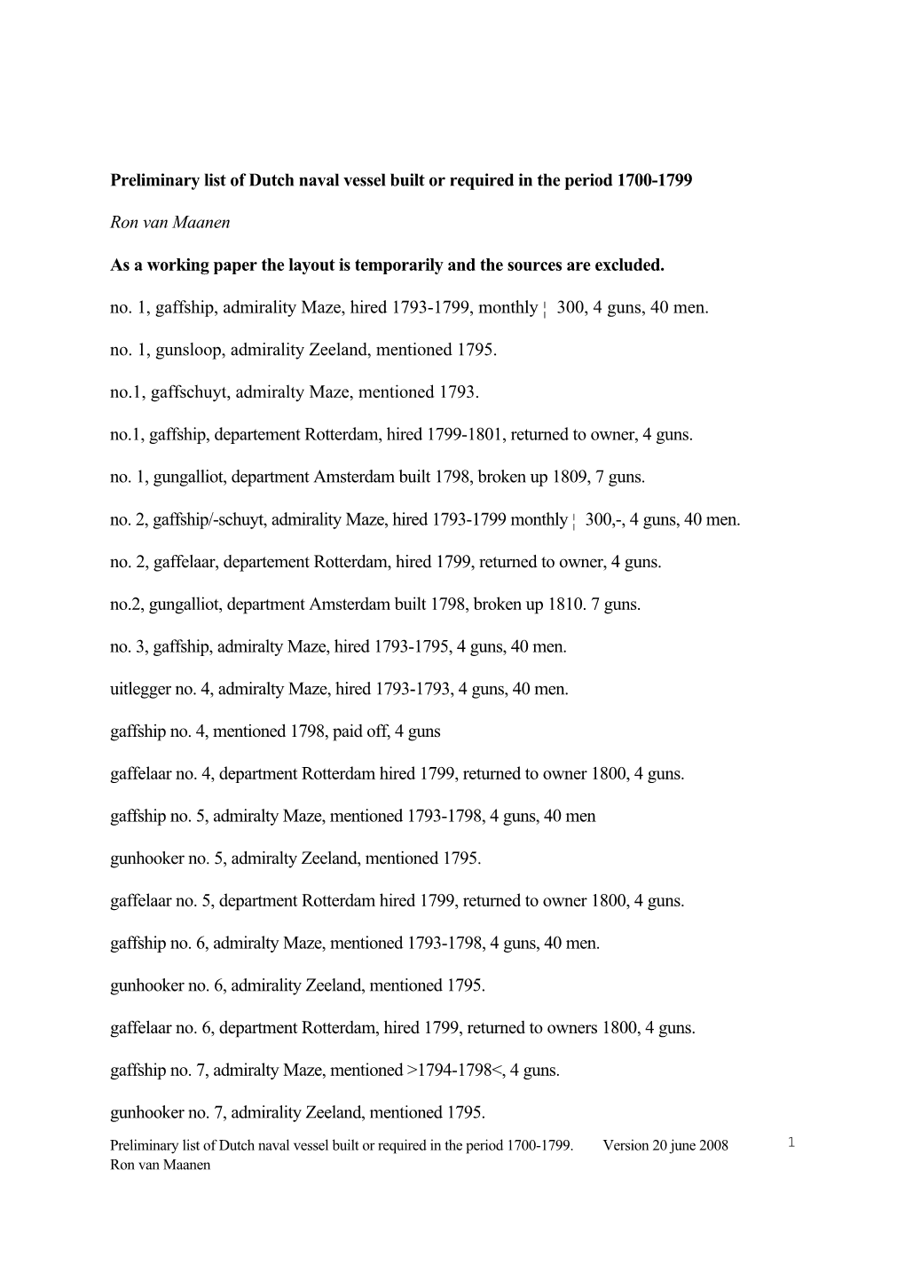 Preliminary List of Dutch Naval Vessel Built Or Required in the Period 1700-1799