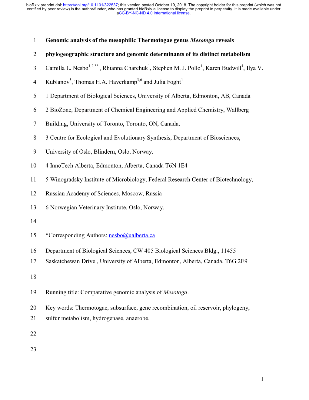 1 Genomic Analysis of the Mesophilic Thermotogae Genus Mesotoga Reveals