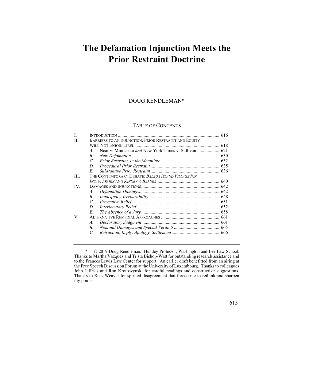 The Defamation Injunction Meets the Prior Restraint Doctrine