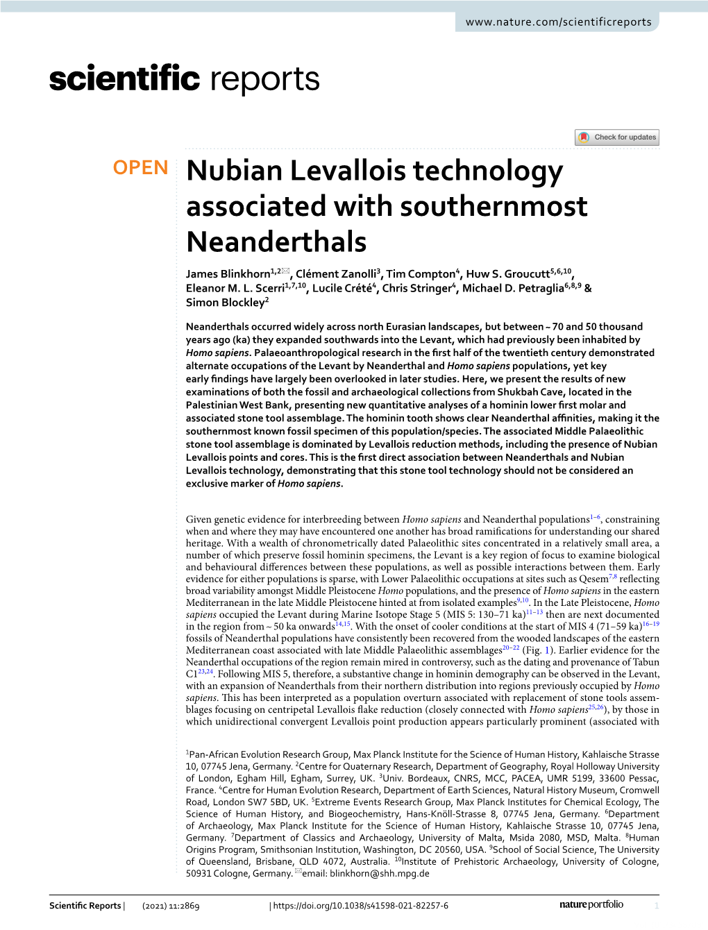 Nubian Levallois Technology Associated with Southernmost Neanderthals James Blinkhorn1,2*, Clément Zanolli3, Tim Compton4, Huw S