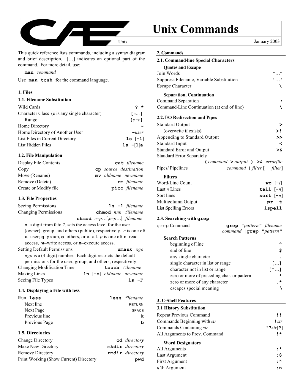 Unix Commands January 2003 Unix