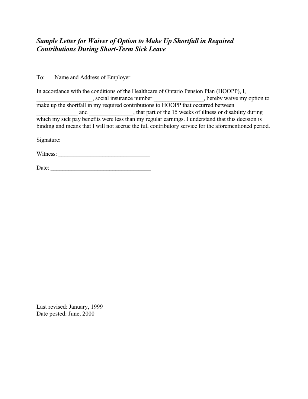 Waiver of Option to Make up Shortfall in Required Contributions During Short-Term Sick Leave