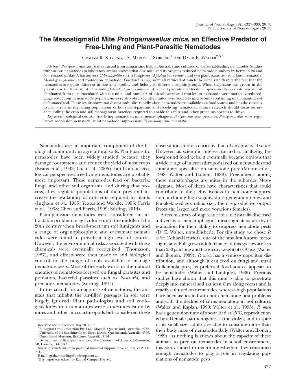 The Mesostigmatid Mite Protogamasellus Mica, an Effective Predator of Free-Living and Plant-Parasitic Nematodes