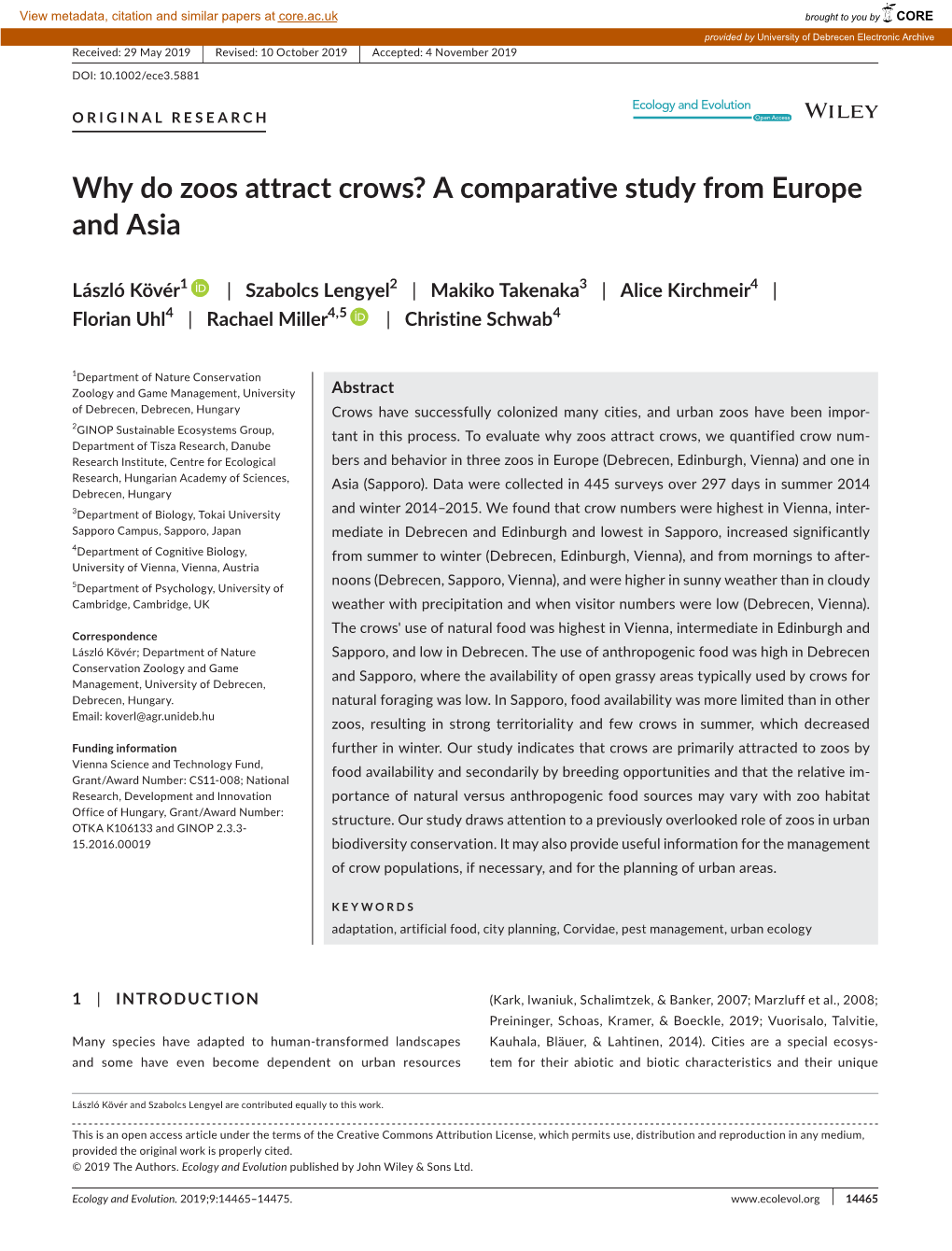 Why Do Zoos Attract Crows? a Comparative Study from Europe and Asia