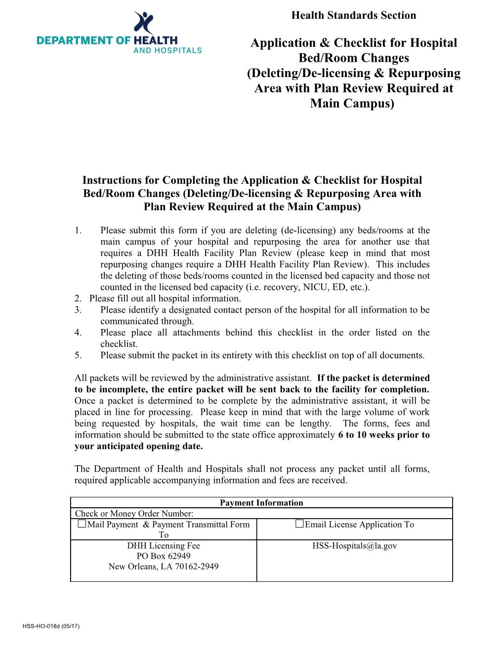 Instructions for Completing the Application & Checklist for Hospital Bed/Room Changes