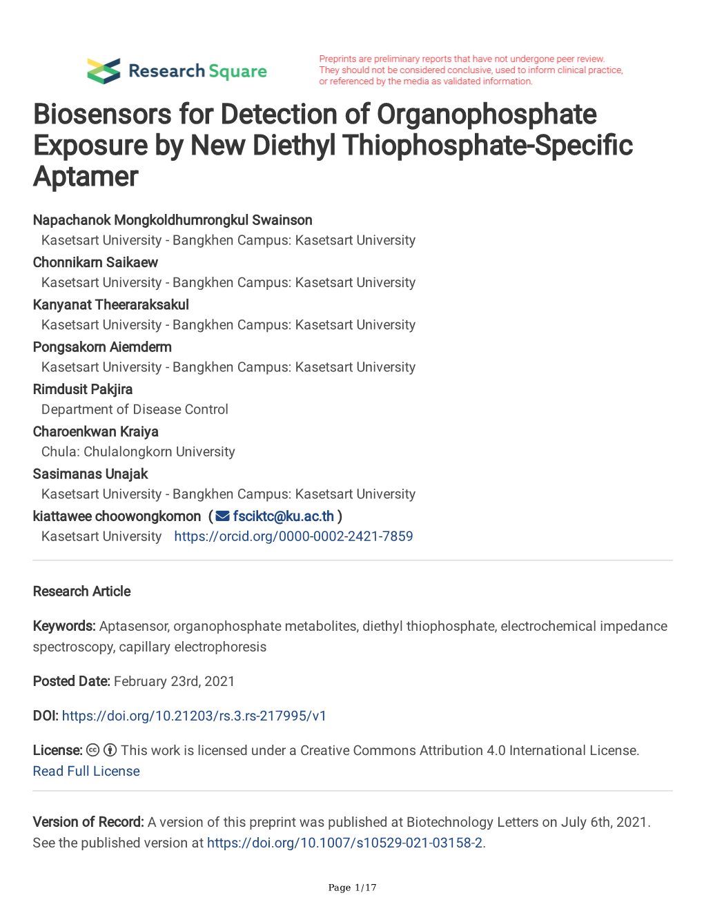 Biosensors for Detection of Organophosphate Exposure by New Diethyl Thiophosphate-Specifc Aptamer