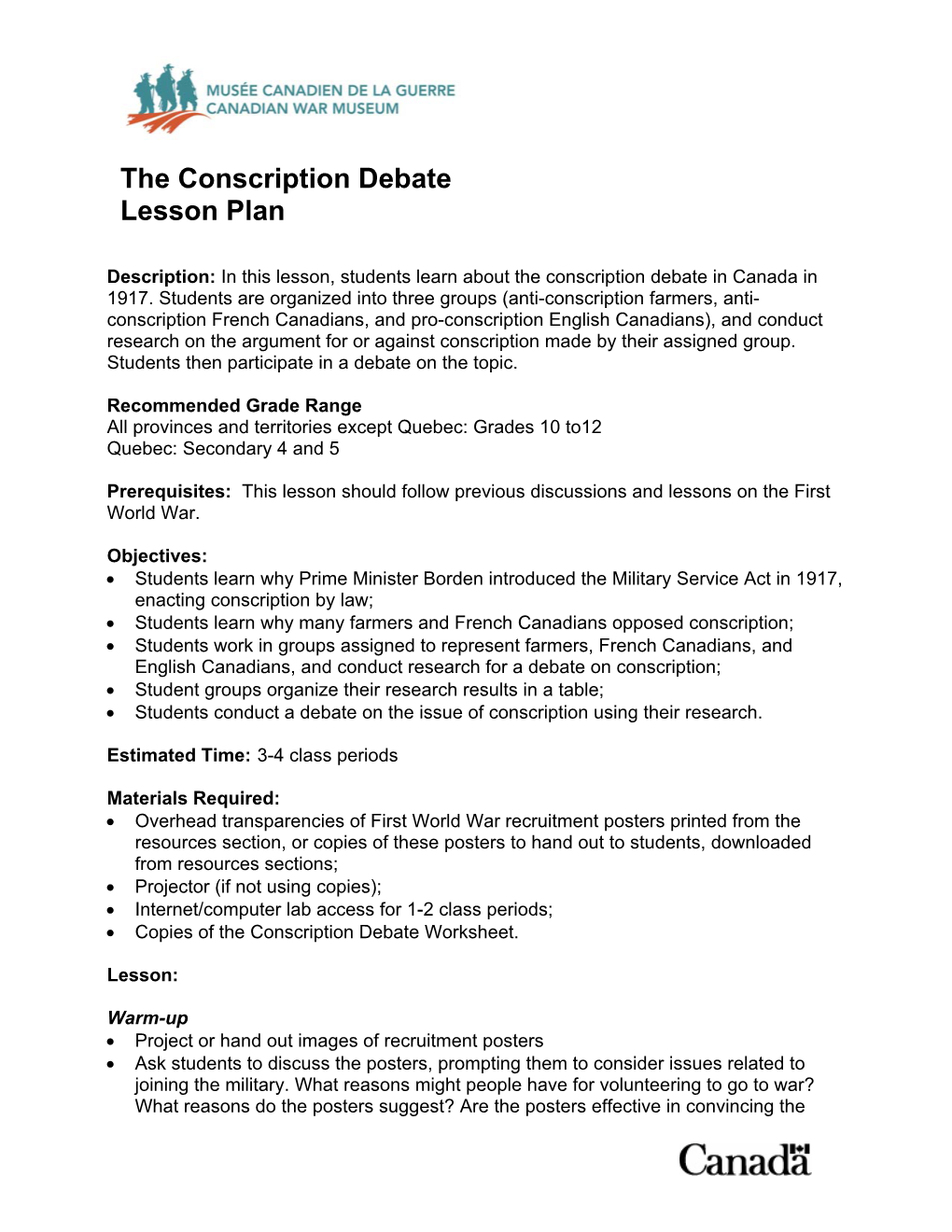 The Conscription Debate Lesson Plan
