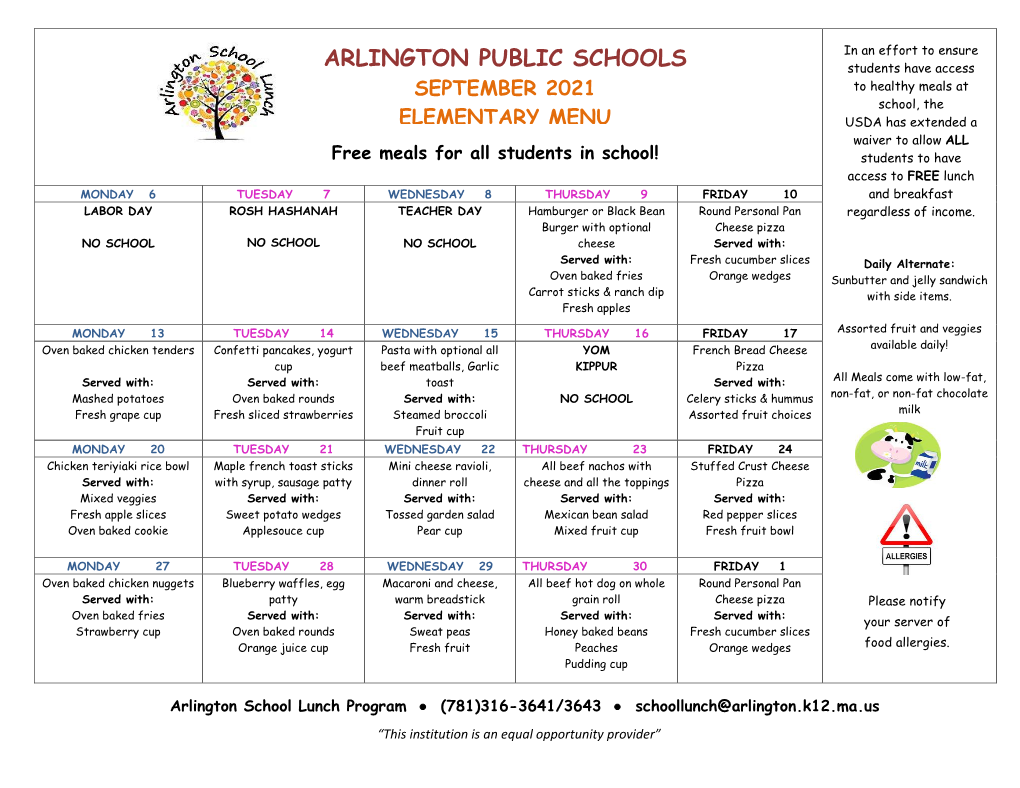 Food Services: Elementary School Lunch Menu