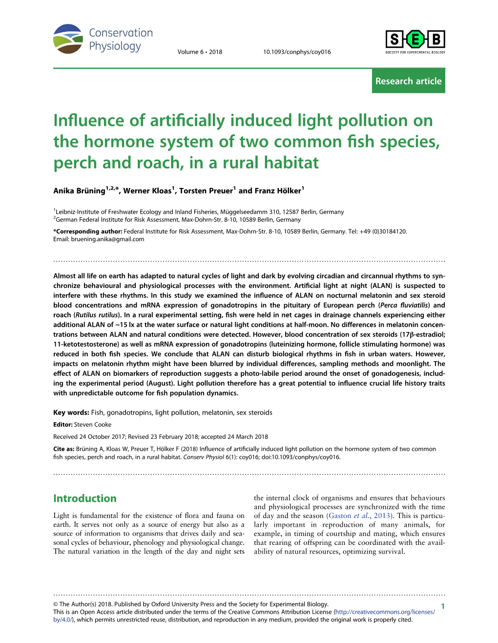 Influence of Artificially Induced Light Pollution on the Hormone System Of