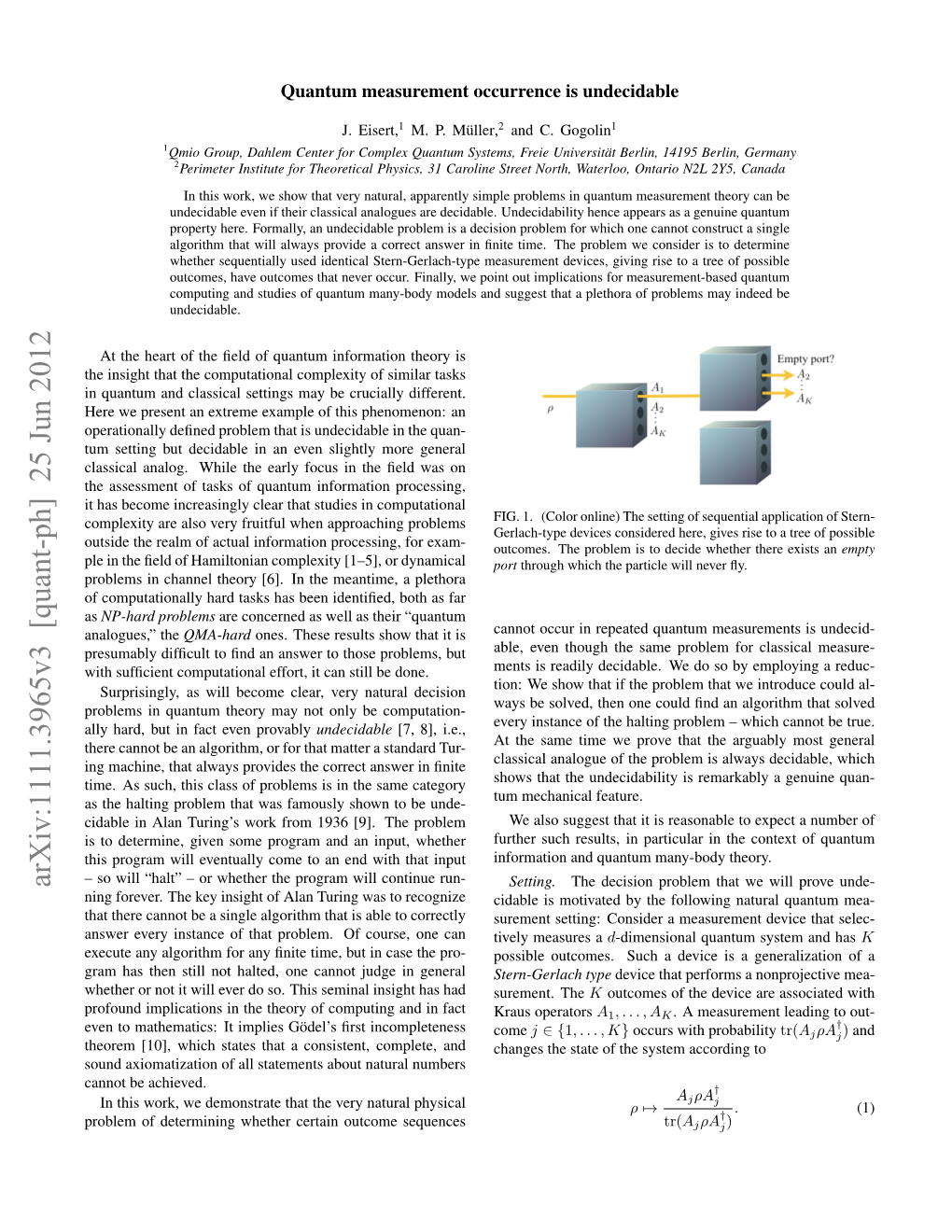 Arxiv:1111.3965V3 [Quant-Ph] 25 Jun 2012 Setting