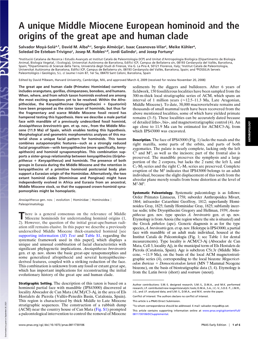 A Unique Middle Miocene European Hominoid and the Origins of the Great Ape and Human Clade