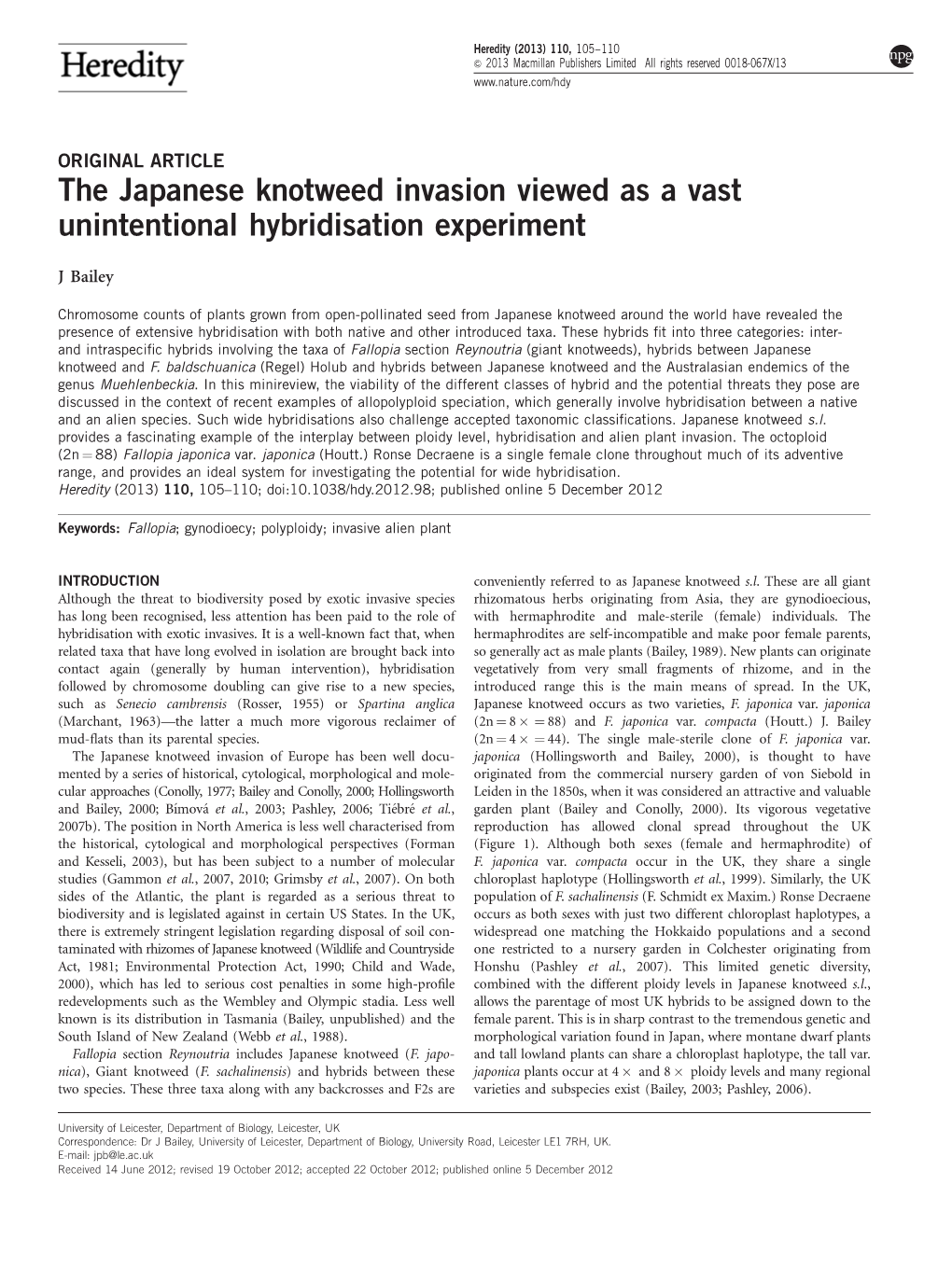 The Japanese Knotweed Invasion Viewed As a Vast Unintentional Hybridisation Experiment