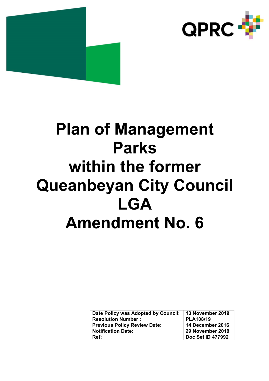 Plan of Management Parks Within the Former Queanbeyan City Council LGA Amendment No