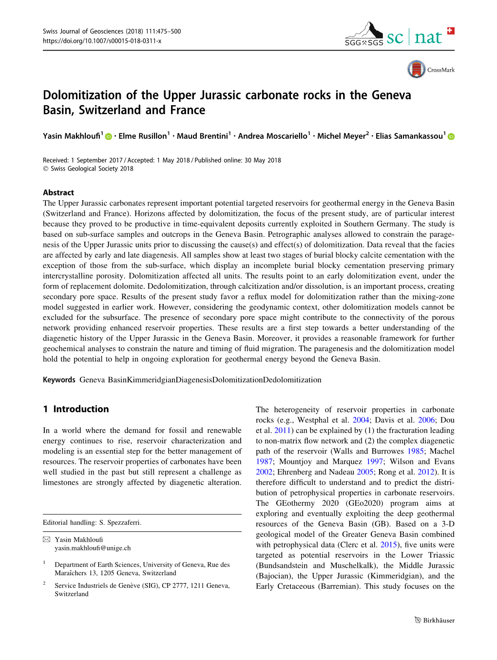 Dolomitization of the Upper Jurassic Carbonate Rocks in the Geneva Basin, Switzerland and France