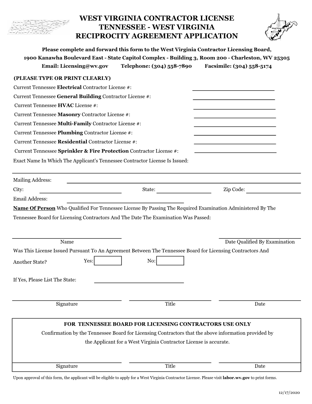 West Virginia Contractor License Tennessee - West Virginia Reciprocity Agreement Application