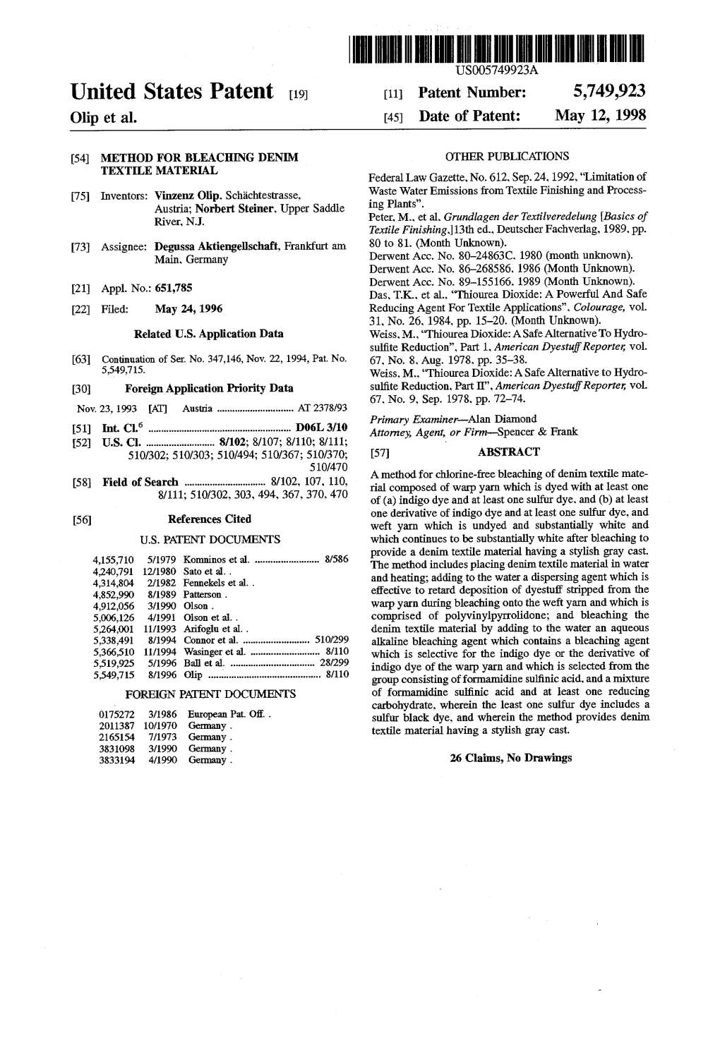 United States Patent 19 11 Patent Number: 5,749,923 Olip Et Al