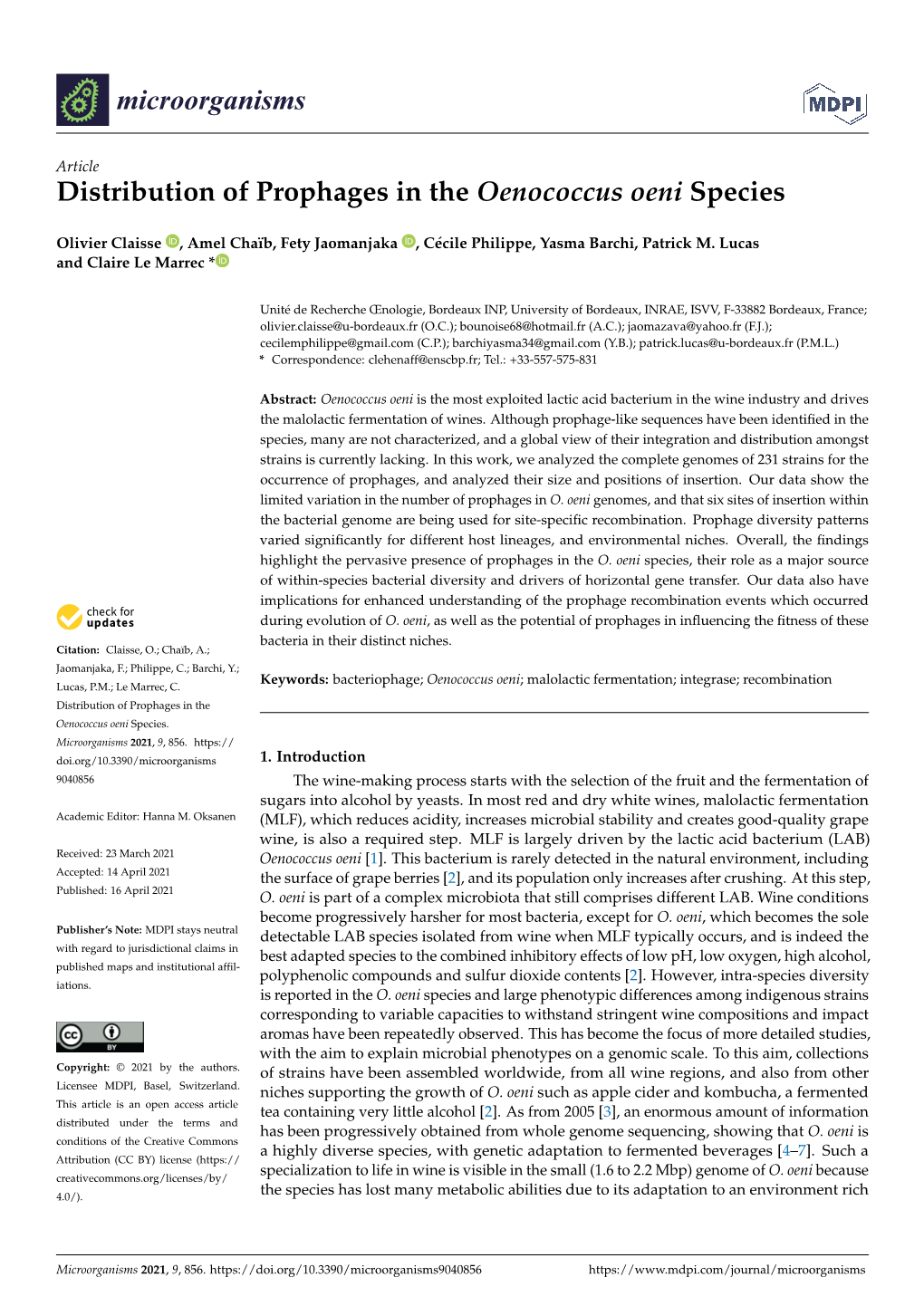 Distribution of Prophages in the Oenococcus Oeni Species