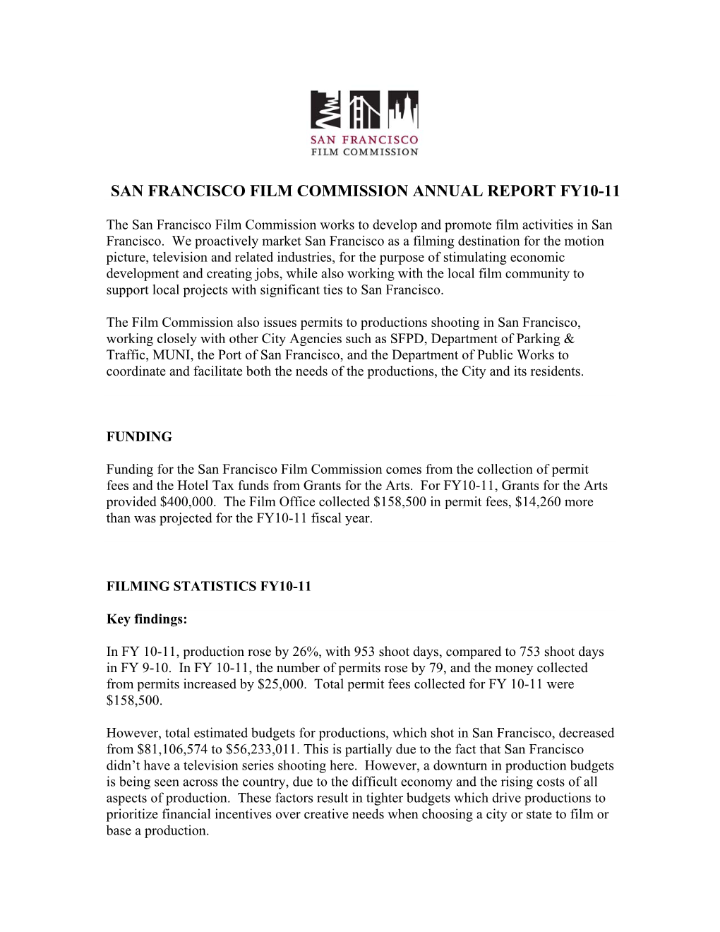 San Francisco Film Commission Annual Report Fy10-11