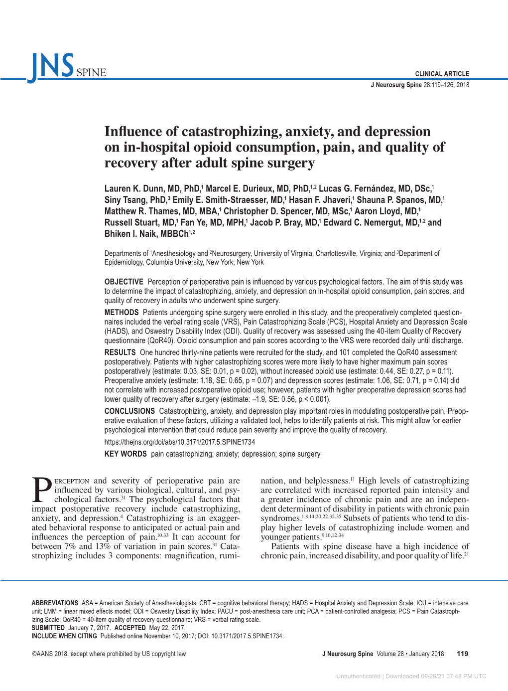 Influence of Catastrophizing, Anxiety, and Depression on In-Hospital Opioid Consumption, Pain, and Quality of Recovery After Adult Spine Surgery