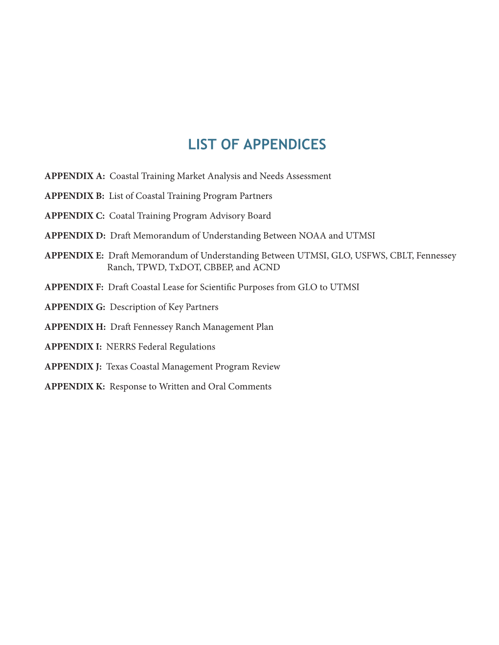 List of Appendices