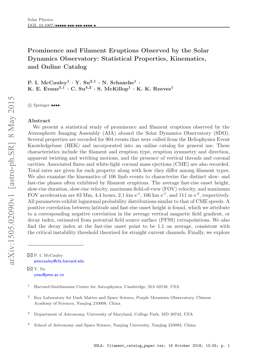 Arxiv:1505.02090V1 [Astro-Ph.SR] 8 May 2015 B B