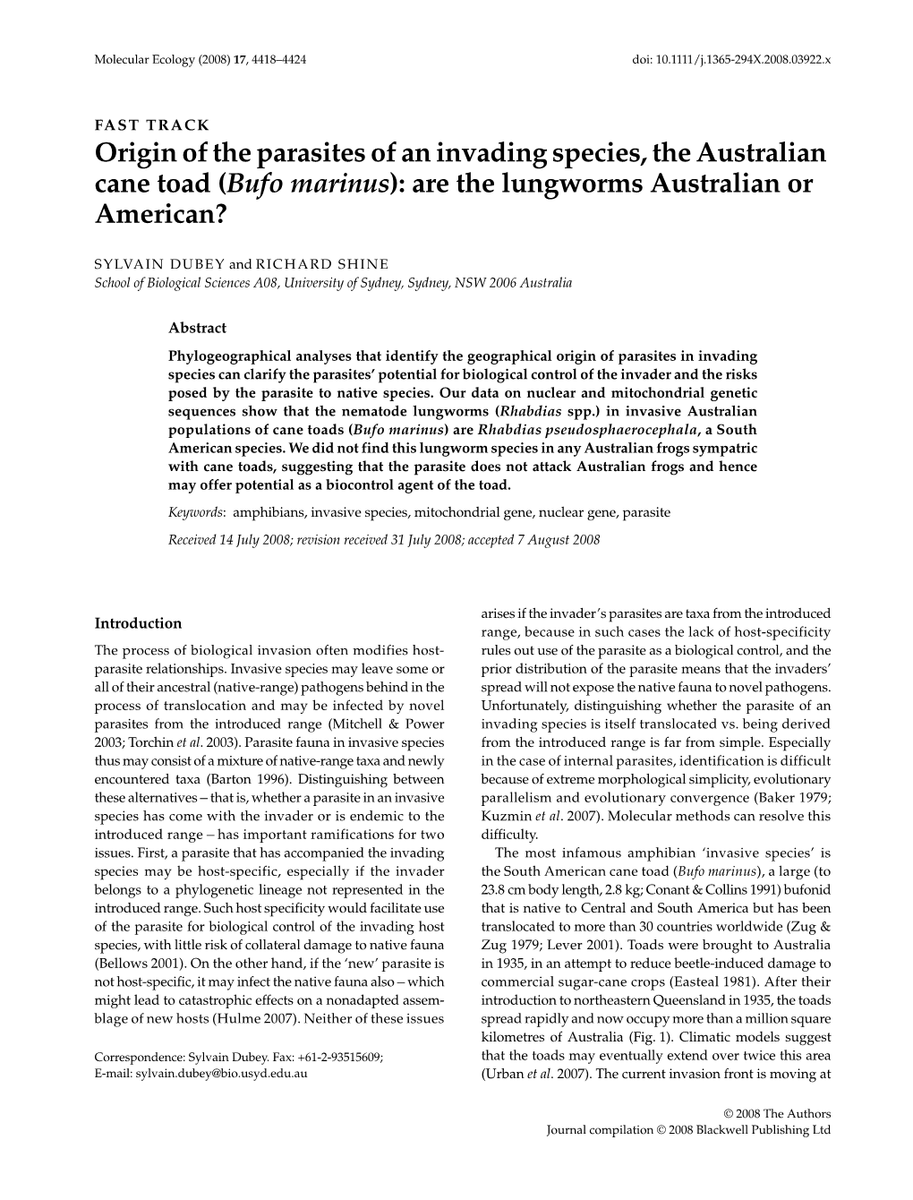 Origin of the Parasites of an Invading Species, the Australian Cane Toad (Bufo Marinus): Are the Lungworms Australian Or American?