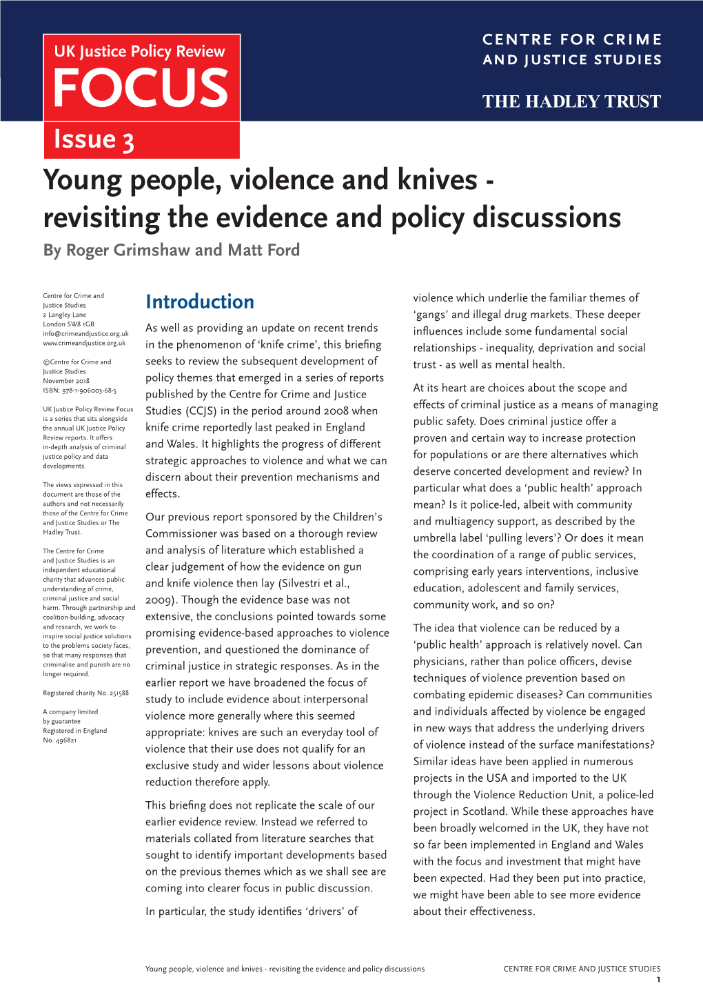 Young People, Violence and Knives - Revisiting the Evidence and Policy Discussions by Roger Grimshaw and Matt Ford