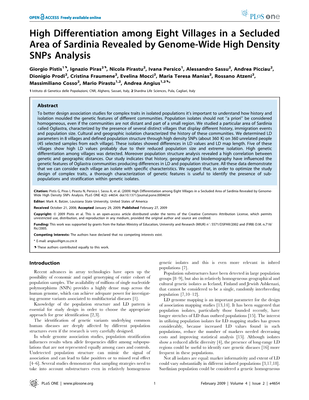 High Differentiation Among Eight Villages in a Secluded Area of Sardinia Revealed by Genome-Wide High Density Snps Analysis