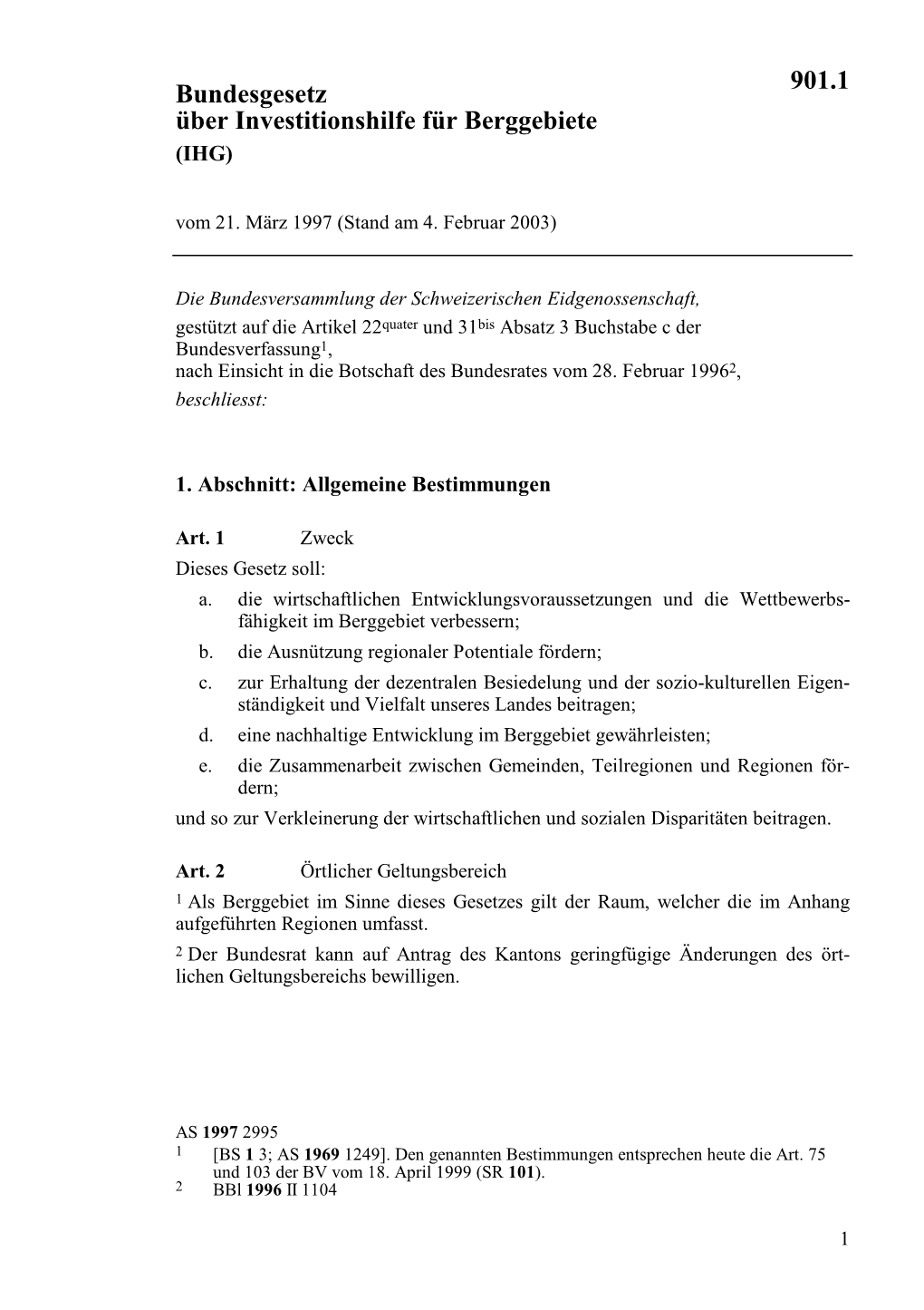 Bundesgesetz Vom 21. März 1997 Über Investitionshilfe Für