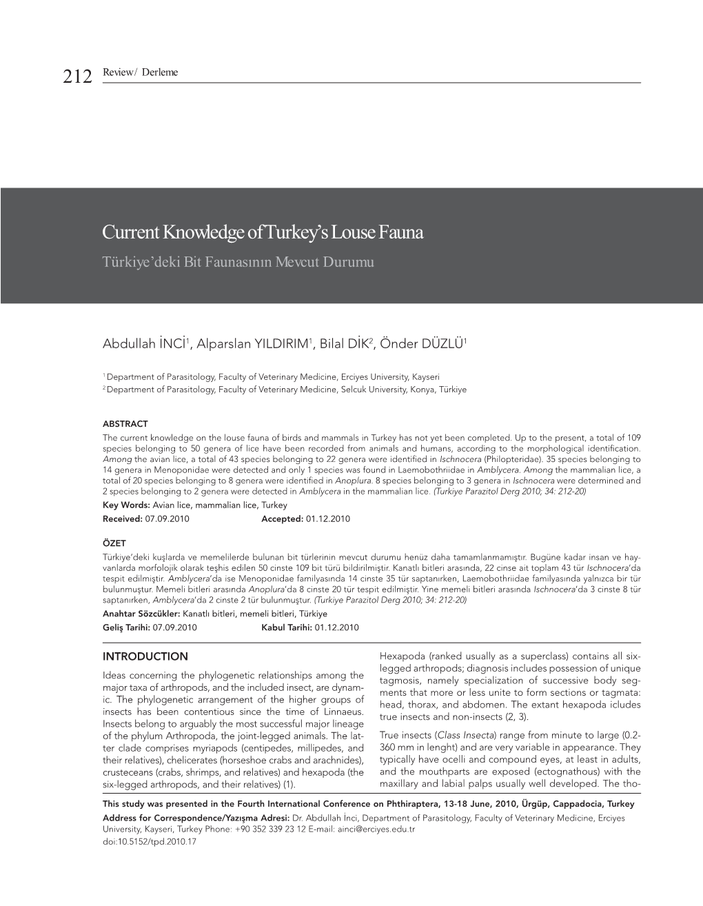 Current Knowledge of Turkey's Louse Fauna