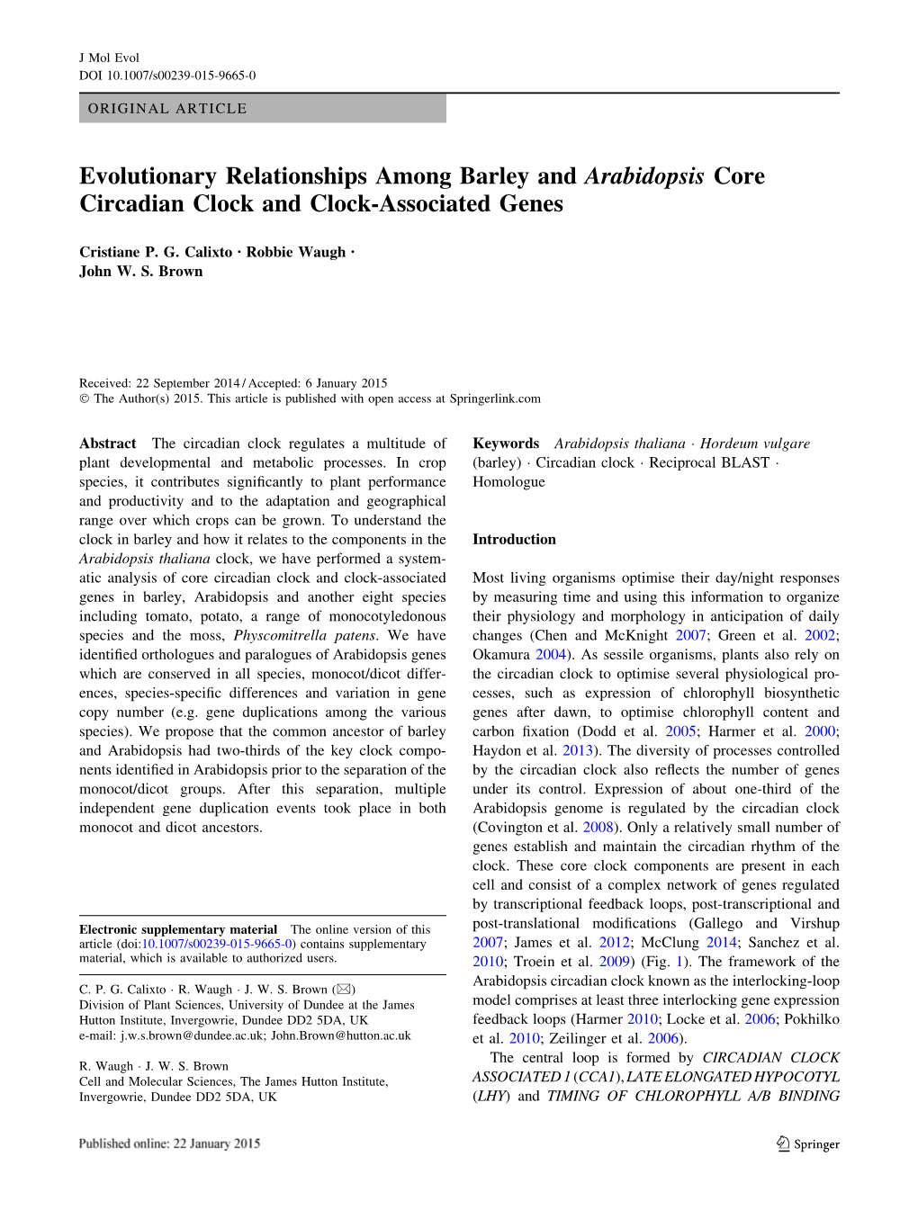 Evolutionary Relationships Among Barley and Arabidopsis Core Circadian Clock and Clock-Associated Genes