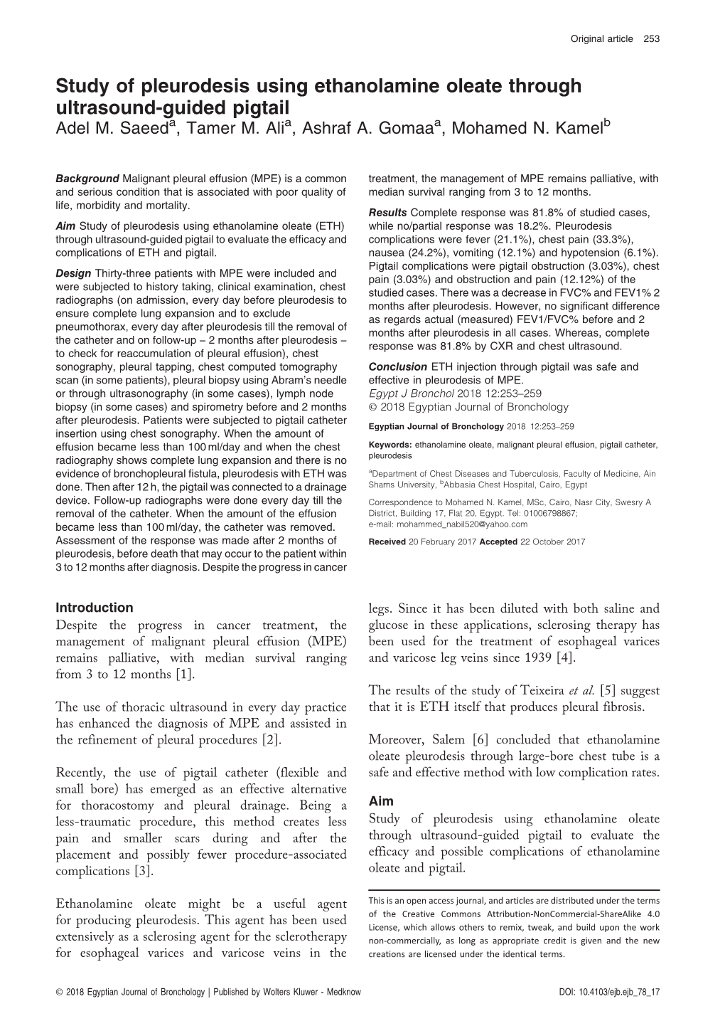 Study of Pleurodesis Using Ethanolamine Oleate Through Ultrasound-Guided Pigtail Adel M