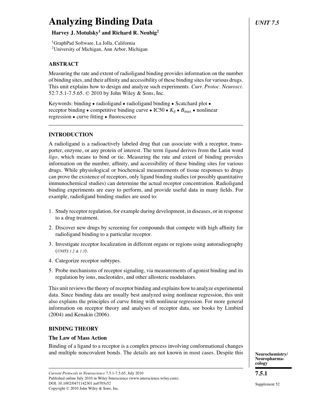 Analyzing Binding Data UNIT 7.5 Harvey J