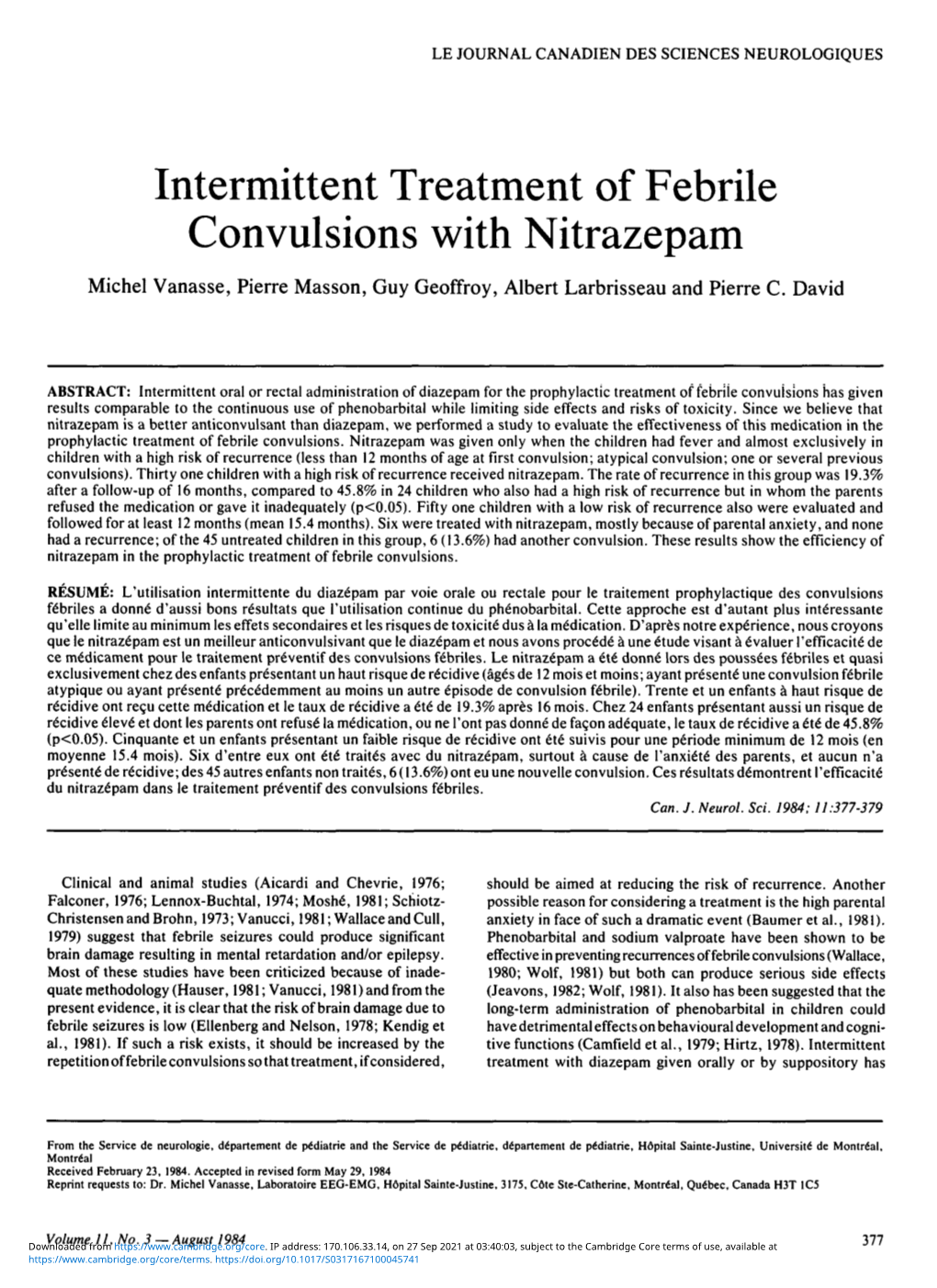 Intermittent Treatment of Febrile Convulsions with Nitrazepam Michel Vanasse, Pierre Masson, Guy Geoffroy, Albert Larbrisseau and Pierre C