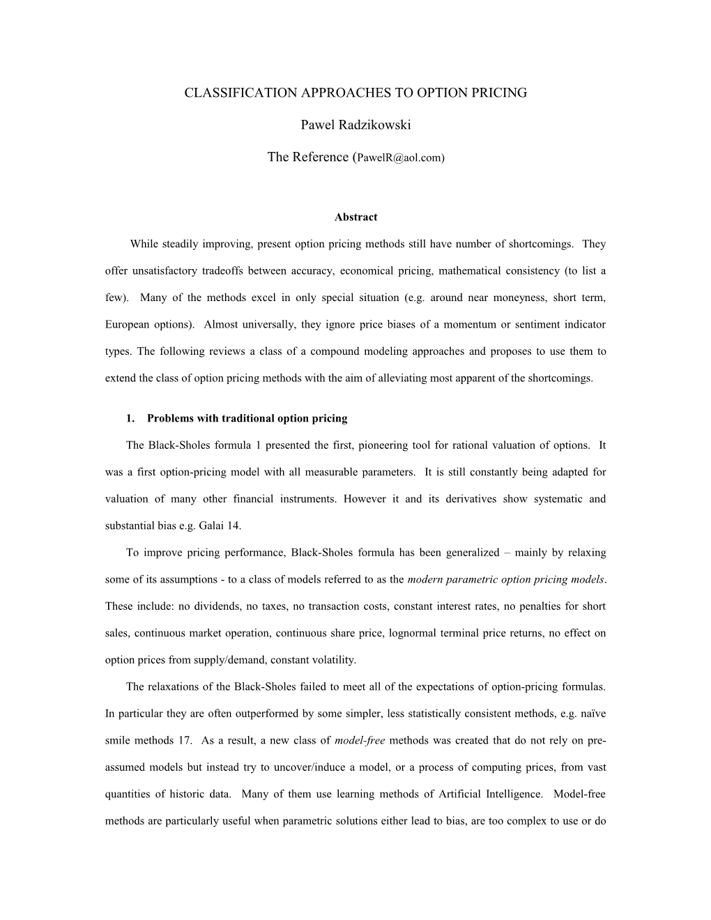 Classification Approaches to Option Pricing