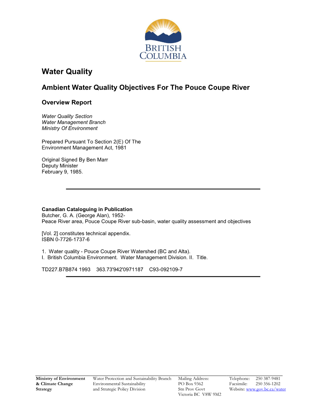 Ambient Water Quality Objectives for the Pouce Coupe River